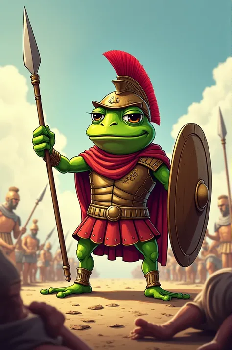 Hi! I would like to create a cartoon image of pepe the meme that is in Leonidas armor.
Holding a spear up in one hand and a shield in the other. In a greek battlefield in a victory pose, with dead bodies around 