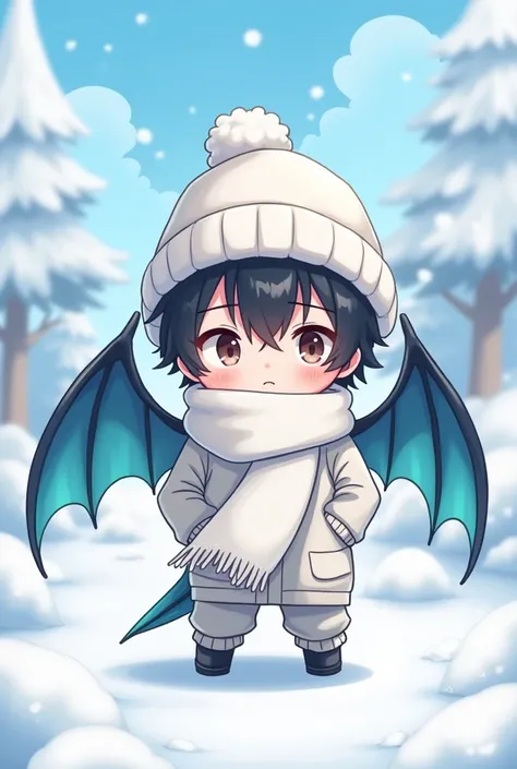 Make a male chibi anime character, white beanie, black hair, white scarf, blue dragon wings on his back, white snow clothes.