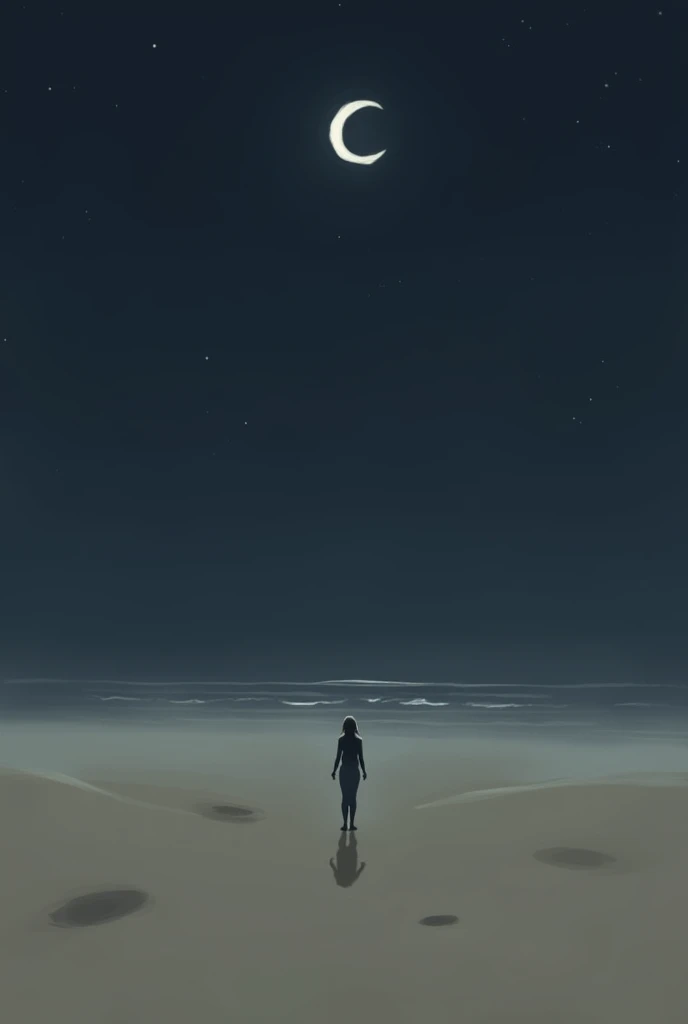 A minimalist drawing of a beach.  at night. With the moon in the background. With a silhouette of a woman in the background in the distance. 