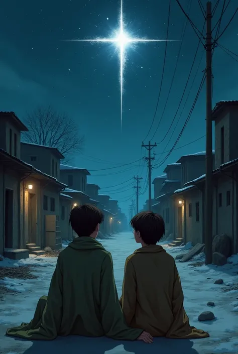  Two young ren in old clothes ,    sitting on a street in a poor neighborhood. watching the Christmas star  