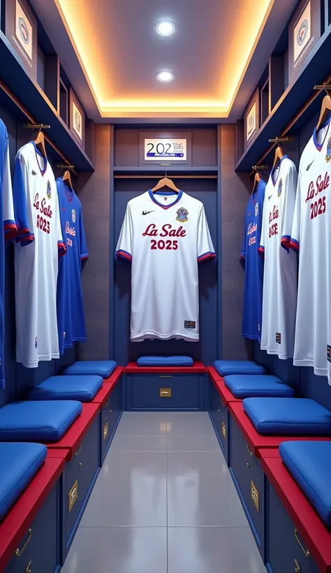  a dressing room in a stadium where you can see shirts of the LA SALLE team hanging,  some t-shirts in the background show the number 2025 among several of them , The dressing room is luxurious in the Arab Emirates ,  very bright and the uniforms are white...