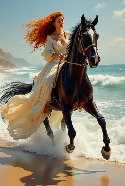  A masterpiece of realistic drawing ,  of precise detail and harmony between ,  the lighting and the colors , pour représenter une femme arabe vêtue dune longue robe en dentelle, The red hair , curly and long,  carried by the wind , et chevauchant un barba...