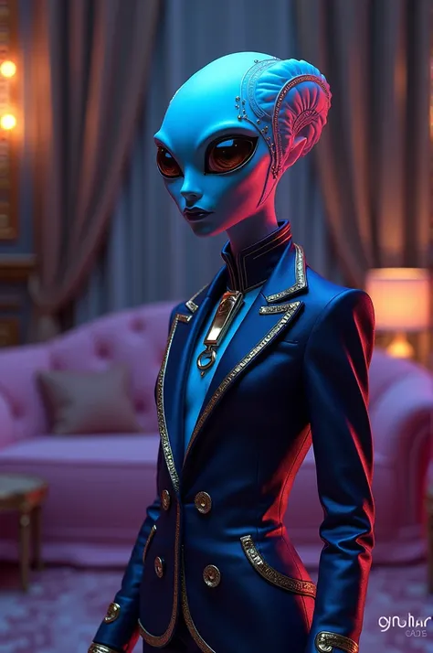 

"A stylized and elegant alien ,  inspired by the old money aesthetic combined with elements of electronics and space .  The alien has minimalist but sophisticated features ,  with gold details and a classic costume reinterpreted with neon lights in blue ...