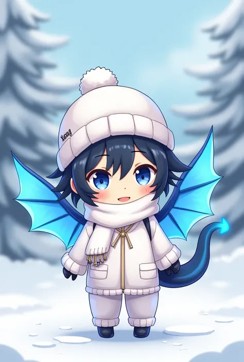 Make a male chibi anime character, white beanie, black hair, white scarf around the neck, blue dragon wings on the back, white snow clothes, make the name XENZY on the back of the character.