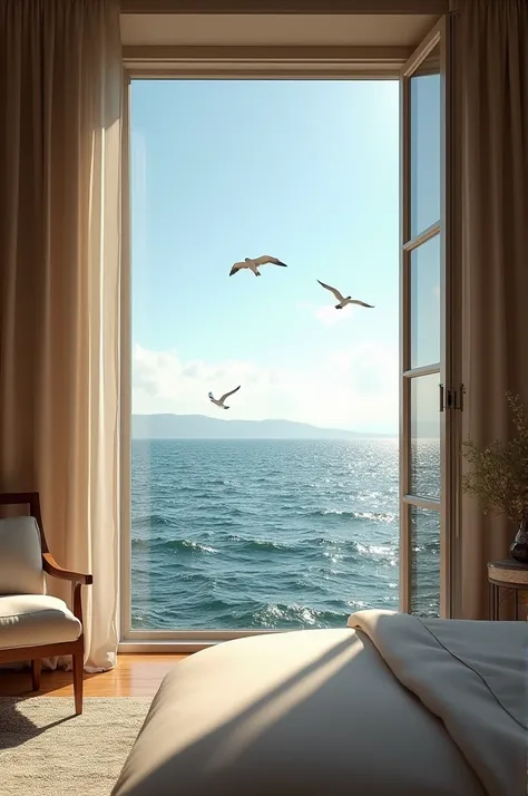 View from a bedroom window of the sea, in high definition and realistic.