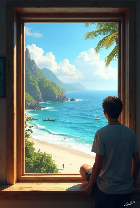 View from the window of a room at the beach, in high definition and realistic.