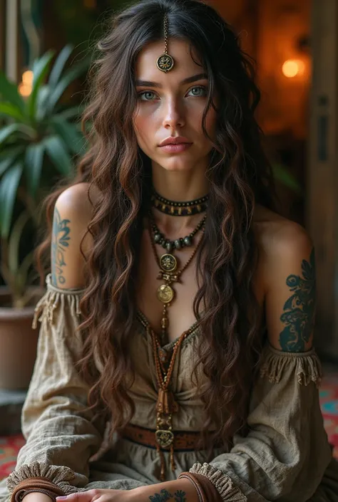  beautiful hippie gothic goddess with brown dreadlocks and tattoos.inside a hippie house 