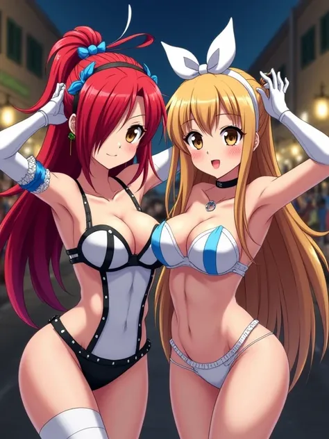 2 anime girls, photoshoot poses, Erza Scarlet and Lucy Heartfilia posing together, ((Erza Scarlet) red hair, long hair, ponytail, white ribbon, hair over one eye, brown pupils, big breasts, collarbone, wearing elbow-length gloves, carnival costume, Minimal...