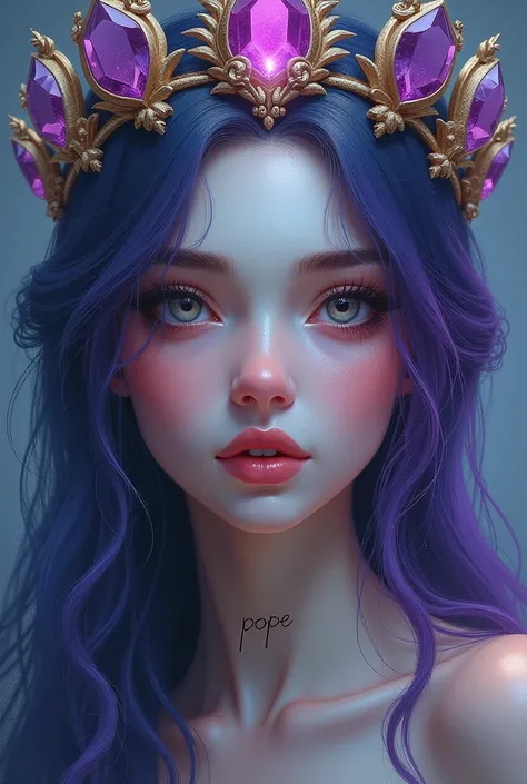 Visage divin aux yeux irrésistibles. Le mot Pope Miz sur son cou. An amethyst crown and colored hair 