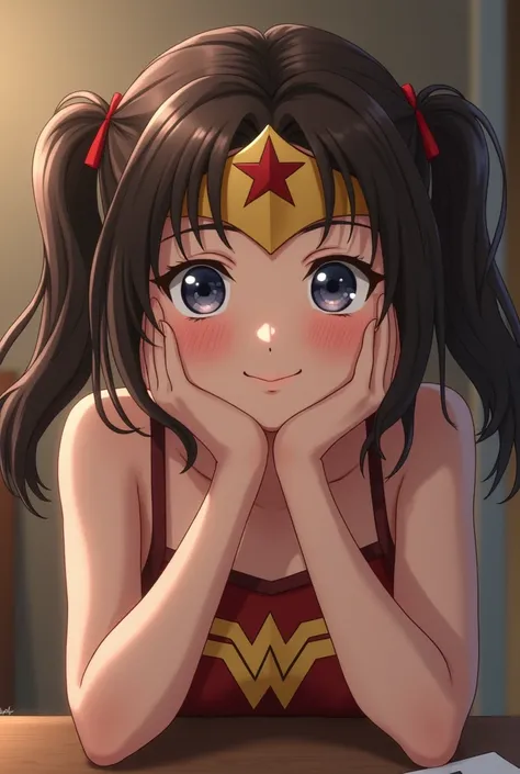 (wonder womanとスーパーガール。 with pigtails 、 put your hand on your cheek。Lying on my stomach、 Laughing )、AnimeOn the left is  Japanese 、 cute、wonder woman。  brown hair、masterpiece、 beautiful girls、 beautiful eyes、 eyes swollen 、 Light of Hope 、 top quality 、超 hi...