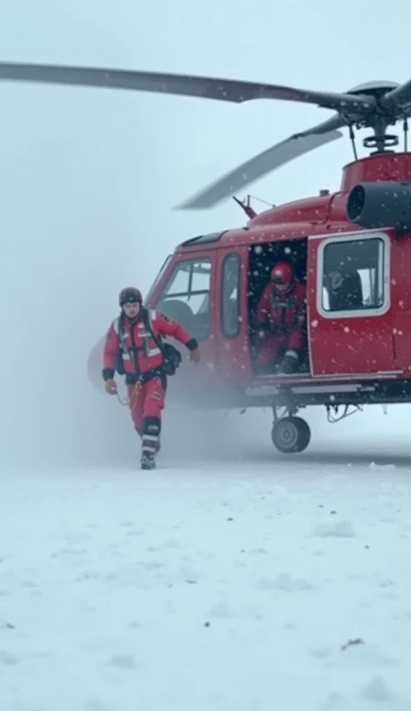 Scene 7: A side view of the helicopter landing on a snowy patch, with snow kicking up in all directions. Rescue team members in red uniforms are visible inside, preparing to step out with ropes and medical kits