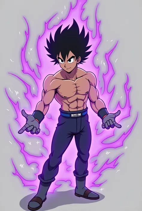 Human pose from the front with one hand forward and the other back with purple energy and gray the hands and leaving the combat body anime half body 