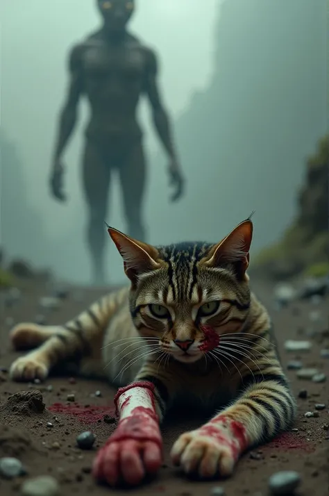 A cat with a broken leg with blood and an alien behind it.