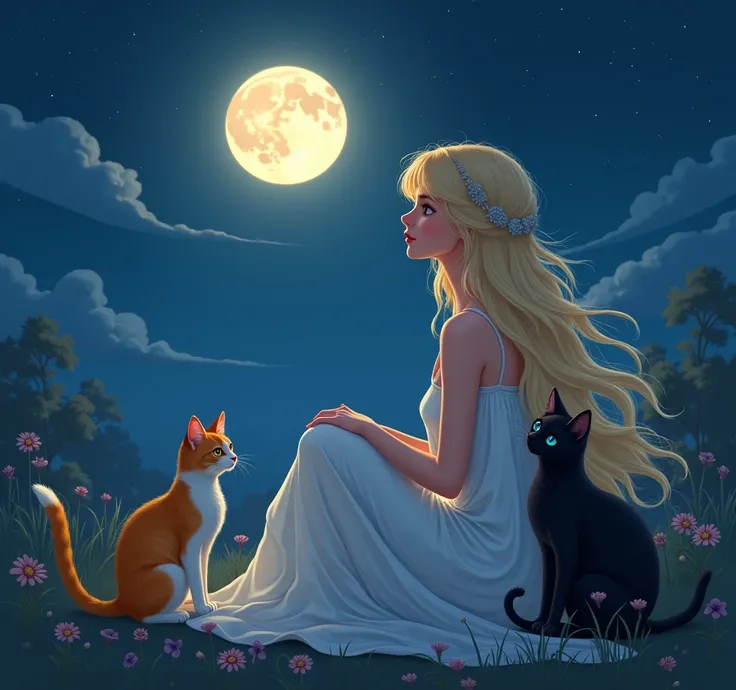 A blond lady looking at the moon sitting with an orange-and-white cat and a black cat with blue eyes