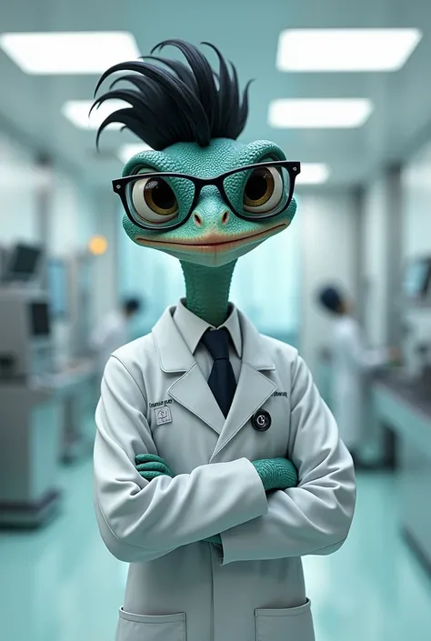 Rango the Disney chameleon with short black hair formal hairstyle, glasses, operating room uniform  