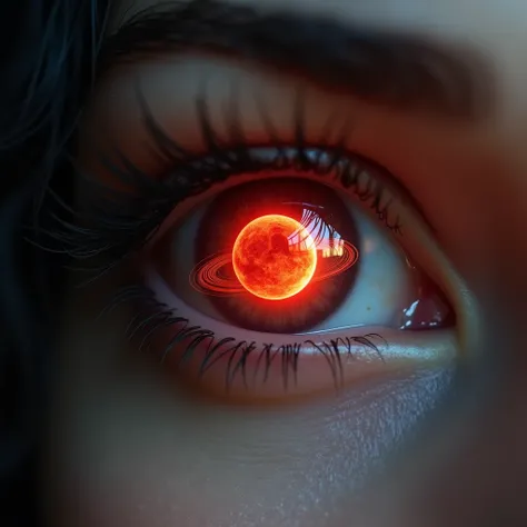 Create a hyper-realistic image of a womans eye with a red planet and rings in the center, as if the planet is inside her eye. The planet should be glowing, with detailed rings, and the eye should look natural with the planet fitting seamlessly in the pupil...