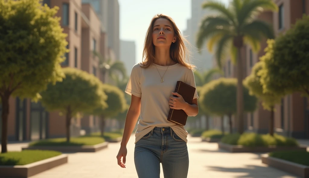 A young woman, in casual clothes, walking with a Bible under her arm. Hyperrealistic