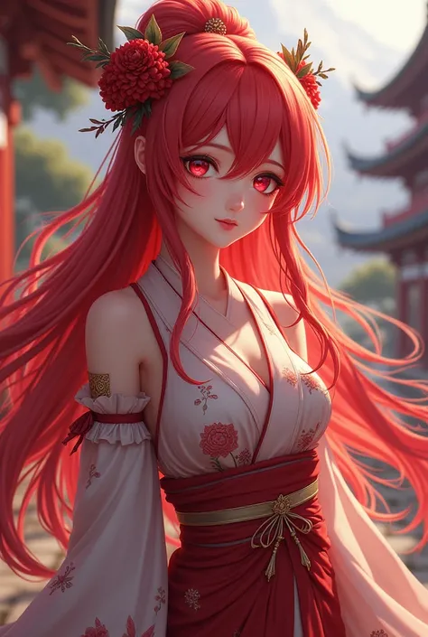 My character of Kny woman with long hair crimson eyes fair skin  anime in a traditional Japanese costume