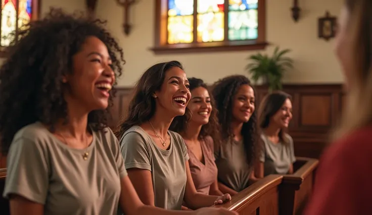 Several women laughing in an evangelical church.