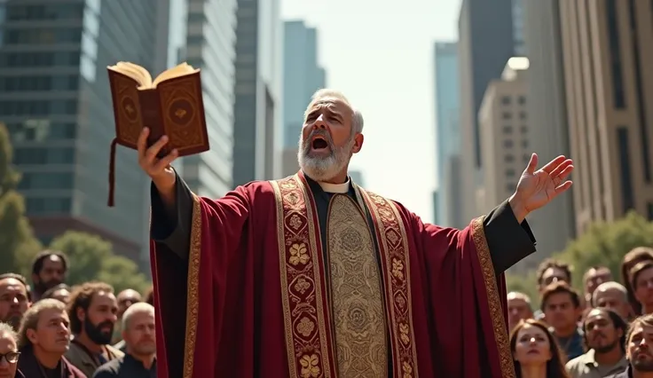 A man preaches with a Bible in a square. In the present day.