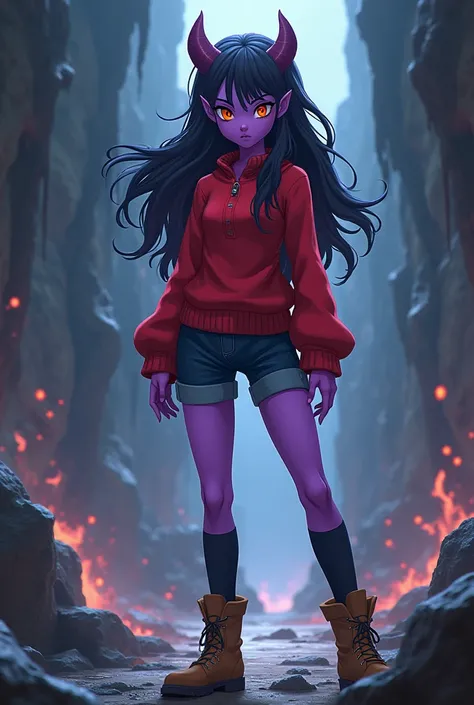 Dragon ball z, demon, pointy ears, purple skin, red sweater, shorts, kneesocks, dark brown boots, dark blue large hair, orange eyes, skinny, female