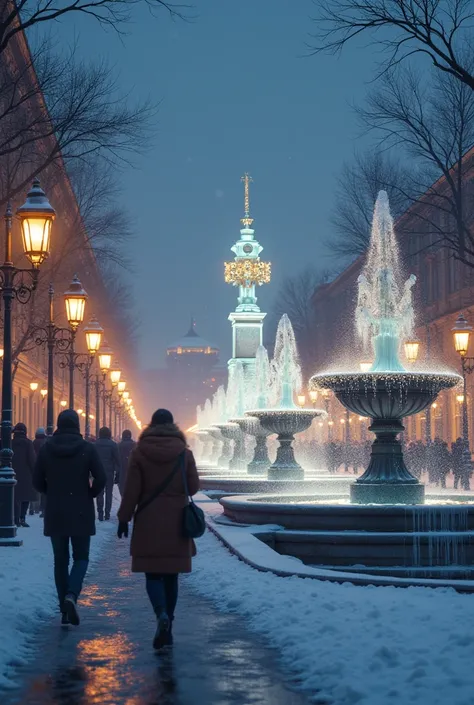  Snowy embankment fountains in St. Petersburg ,  with Christmas decorations  , with flashlights , with passers-by  ,  with sparklen lights  