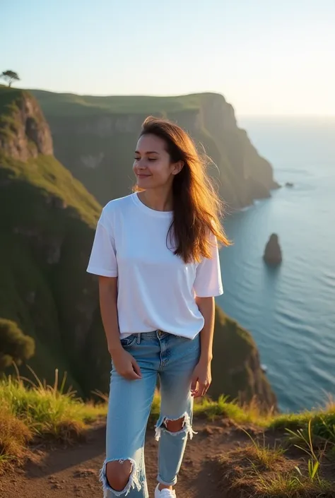 Portrait of a young influencer wearing a basic white t-shirt, ripped jeans, and white sneakers. She is standing at Miradouro da Ponta do Sossego, São Miguel, Azores, gazing out over the vast Atlantic Ocean. In the background, steep cliffs covered in lush v...