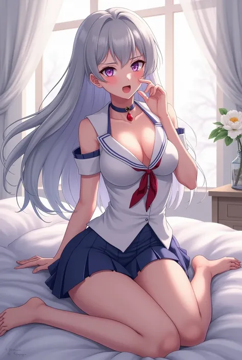  Emilia from the anime Rezero  , silver hair, long hair,el  silver hair,Weeping purple eyes,  Open mouth,  big breasts,  big thighs))),(((vestida de colegiala, short skirt showing her vagina,  showing her breasts,,))),((white bedroom,, lying in bed, Spread...