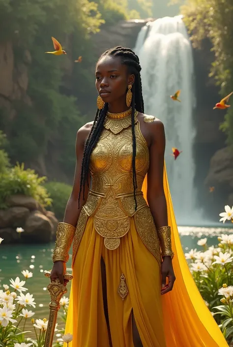 "A highly realistic and hyper-detailed image of an African female warrior in a mystical setting. She is wearing golden armor with intricate engravings and a yellow-gold flowing dress. Accessories include detailed golden jewelry and a golden battle breastpl...