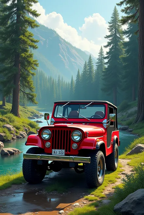 Make a wallpaper of forest and flowing stream with red 1980 jeep having number plate of BJ 212