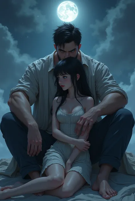 Sadistic Big Male Strong Man With Black Hair And Gray Eyes Sitting With His Legs Open Sitting His Cock With One Hand In Front Of His Black-Haired Wife Blue Eyes Tender Night Cloud Background Realistic Image Brilliant Drawings 