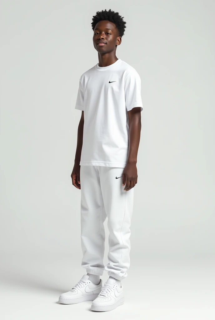 A person being mesmerized in white Nike clothing and Air Force 1 sneakers 