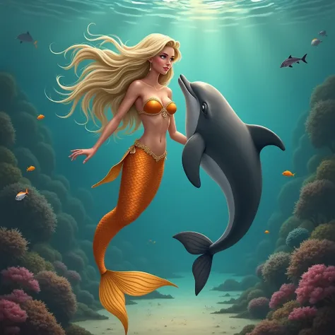 A hyperrealistic illustration of a mermaid and a dolphin. The mermaid, with long blonde hair and an orange tail decorated with gold accents, is interacting with a gray/black dolphin. The mermaids upper body is displayed in detail, with an orange bra and ta...