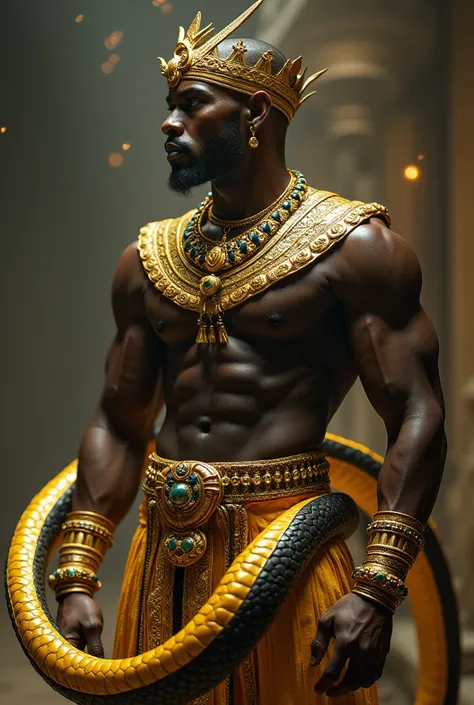 A highly realistic and hyper-detailed image of a mystical African male figure, athletic and exuding regal beauty. From the waist up, he appears shirtless, adorned with finely crafted Egyptian-style golden accessories, including necklaces, bracelets, and a ...