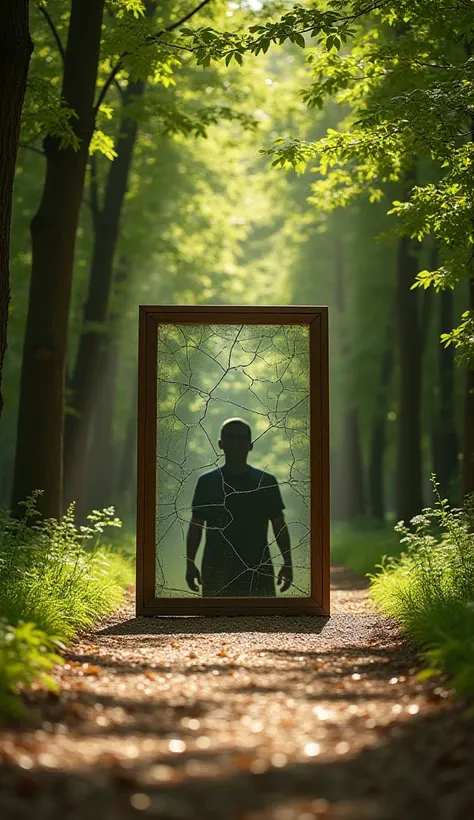 Take a picture of a path surrounded by lush trees, with sunlight filtering through the gaps in the leaves, creating a warm and inviting atmosphere. In the middle of the path, place a large cracked mirror, reflecting the figure of a person who looks happy a...