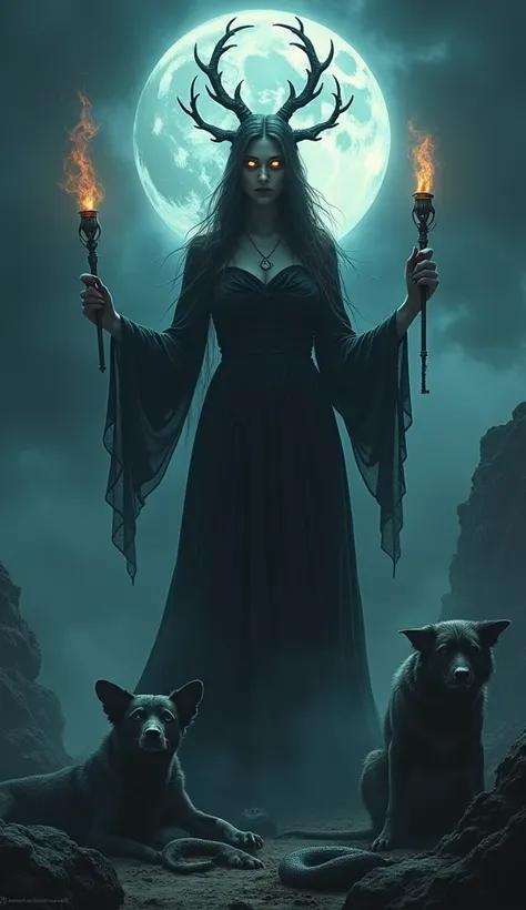 Spooky image of the goddess Hekate with all the elements associated with her, moon in the background 