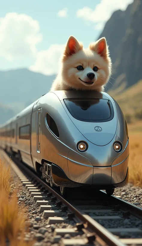 Prompt: "A futuristic hybrid creature with the body of a sleek, metallic train and the head of a friendly, fluffy dog. The train body is streamlined with windows, metallic wheels, and a bright, shining surface. The dog’s head features soft fur, floppy ears...