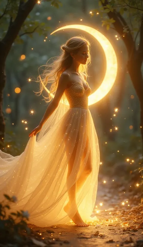 "Celestial Beauty. Ethereal girl with luminous skin, cascading hair, star-filled eyes. ultra transparent Radiant golden ultra light gown of sparkling light that reveal the true beauty angelic body shape in perfection. Glowing trees, flowers, and stardust. ...