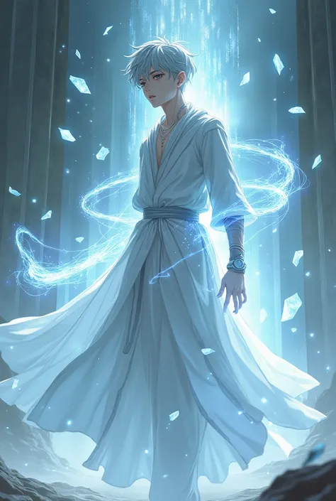 A futuristic white light Mage, man in 20s, cyborg, face visible, long futuristic robes, White light aura from hands, floating shards of glass. Anime