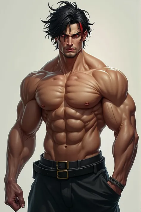  Male body with muscular build , height 1,90, bright red eyes,  black and disheveled hair with reddish and white reflections, marked jaw long eyelashes , handsome