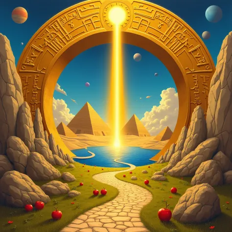 A vibrant, hyperrealistic, impressionistic painting of a mystical portal.  A golden, sun-like beam shoots from the center of a massive, circular, golden archway, illuminating a landscape with ancient pyramids along a calm body of water.  The archway is ado...