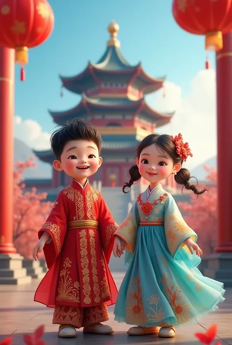  Tianshan Tower with a greeting "Happy New Year 2568 " by a boy and a girl dressed in Chinese 