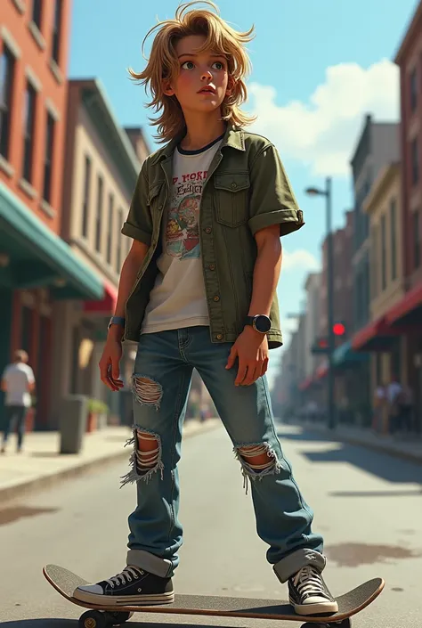 A teenage man with skateboarder style and mullet