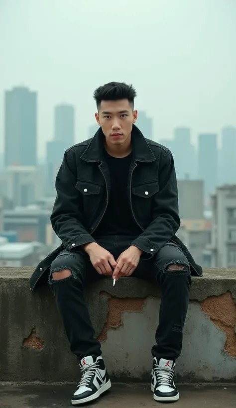 UHD.photography, a handsome Korean man ,in front of the camera, neat short undercut hair , black jeans jacket ,ripped denim pants , jordan shoes ,  with a cigarette in his hand ,  sitting on the old wall on top of the building. Background of the old wall .