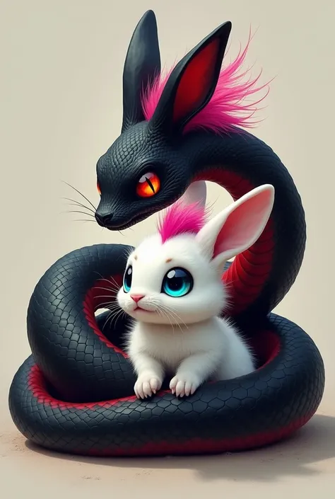 Black and Red Snake with red eyes snuggling a White Bunny with Cyan Eyes and Megenta Mohawk