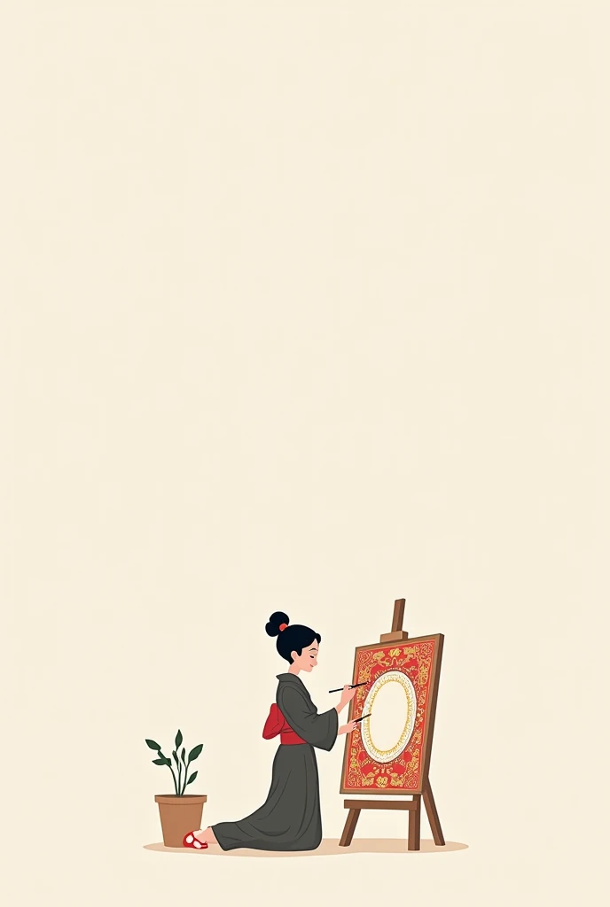 Create minimalist art cartoon of a Japanese woman painting frame for decorative frame in A4 format