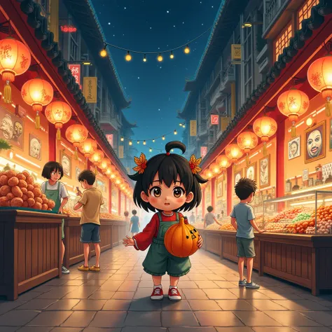 A beautiful Japanese anime, an ancient Chinese bazaar street, a bustling bazaar street, many food stalls have lantern puzzles, mask stalls, barbecue stalls, sweet potato stalls, jewelry stalls, and a few s chase and make trouble. One of the s is holding a ...