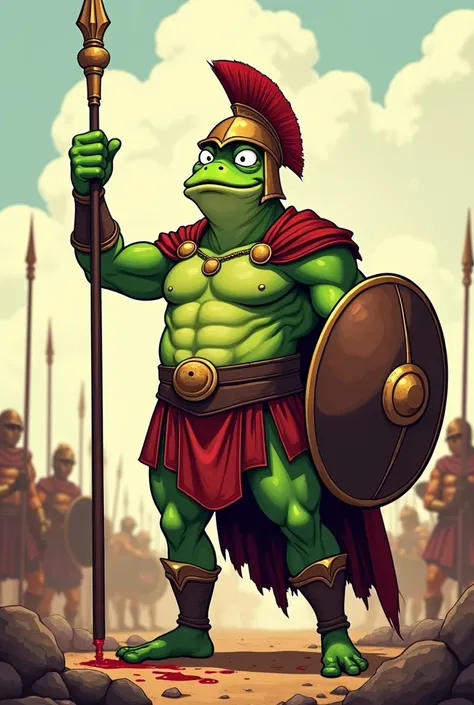 Hi! I would like to create a cartoon image of pepe the meme that is in Leonidas armor.
Holding a spear up in one hand in the air, and a shield in the other.
Some blood on the tip of the spear coming down the blade, and some blood on the shield and armor. 
...