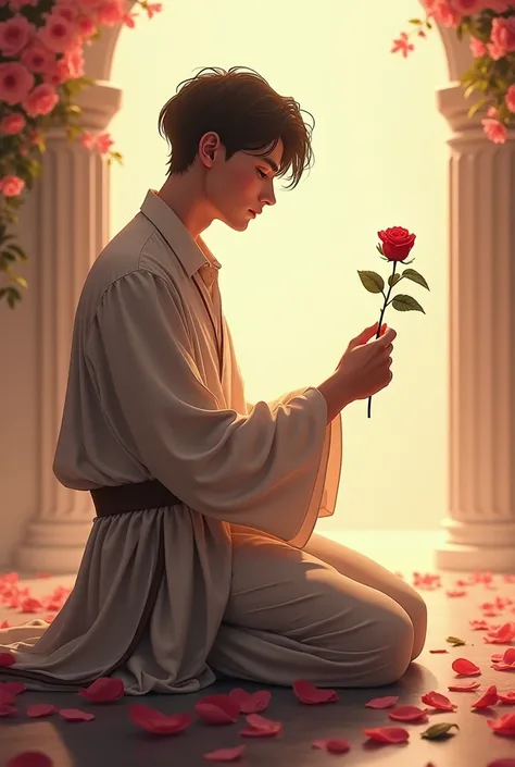 A young man on his knees with a rose in his hand 