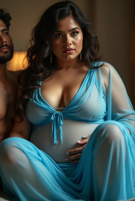 A plus sized chubby women in light blue colour fully transparent kurti legging tight very tight blue fully transparent saree tight legging( deep cleavage , swooping large breasts, thick thighs, thick ass) sitting on a boy lap sex hot full image 